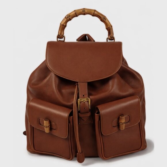 -Gucci Bamboo Leather Backpack Brown - Vintage Italy main image 9